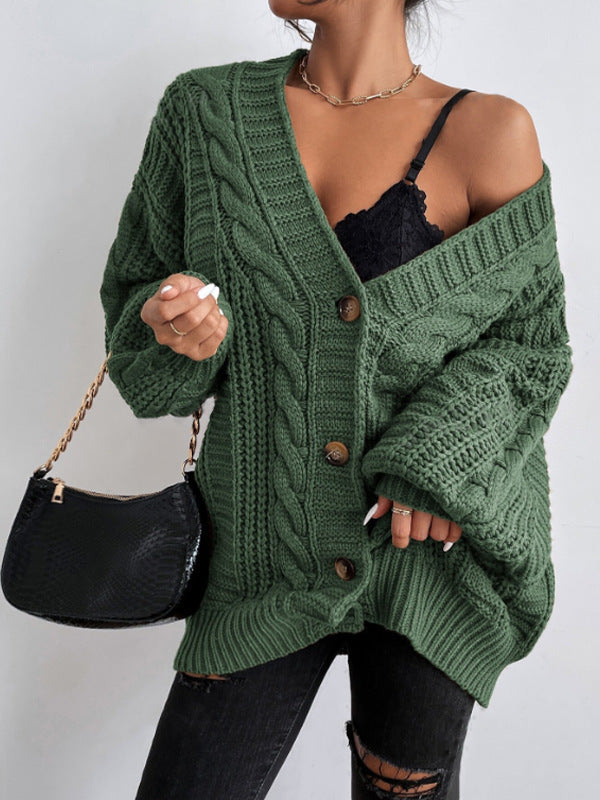 Loose Twist Lantern Sleeve Cardigan Knitted Coat
