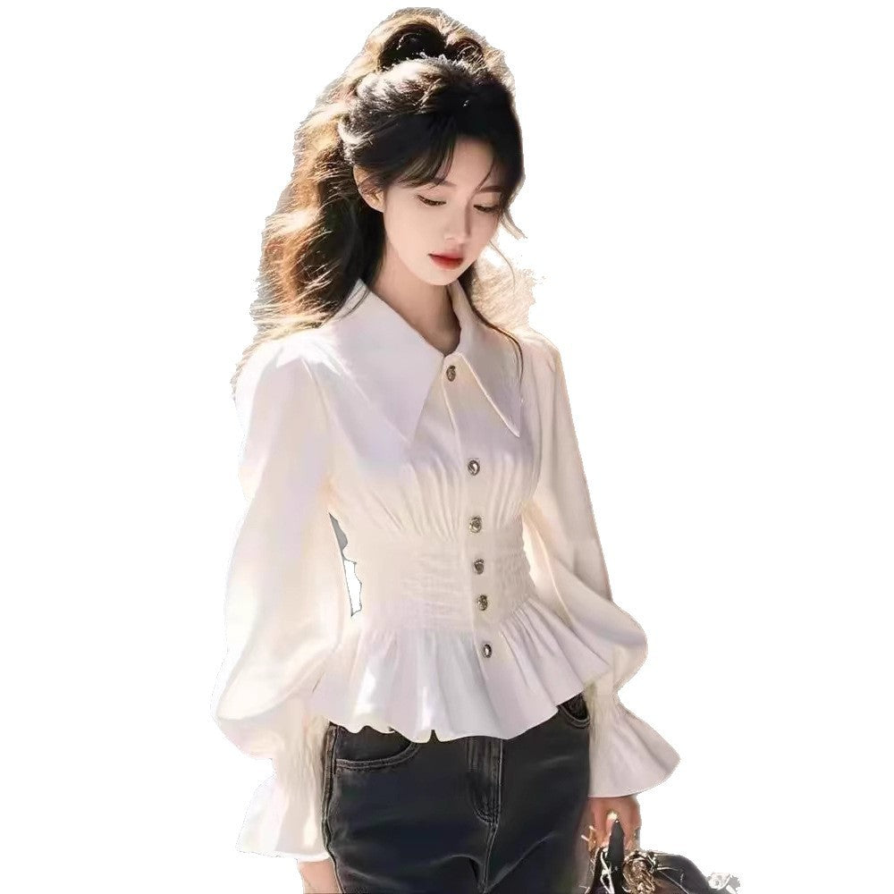 Doll Collar Long Sleeve White Shirt Women's Slim Waist