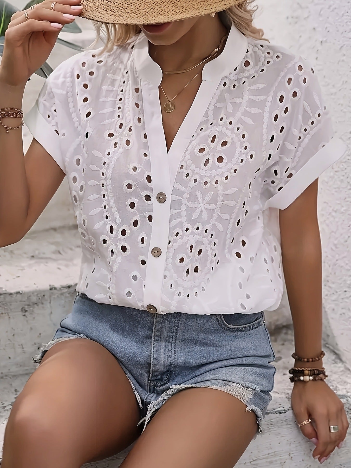 Solid Eyelet Button Front Shirt Casual Short Sleeve Shirt