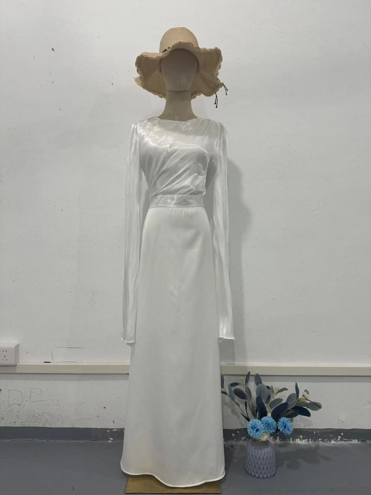 Elegant Summer Sleeve Contrast Chiffon & Satin Maxi Dress With Flared Cuffs - Slim Fit Long Dress For Women