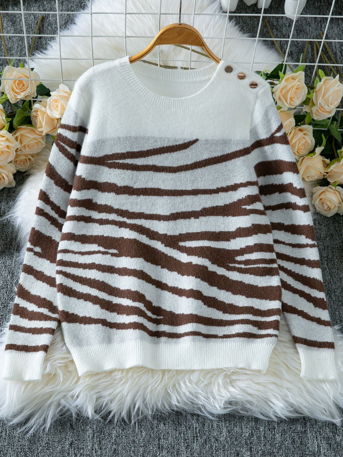 Zebra Print Round Neck Shoulder Button Long Sleeve Sweater