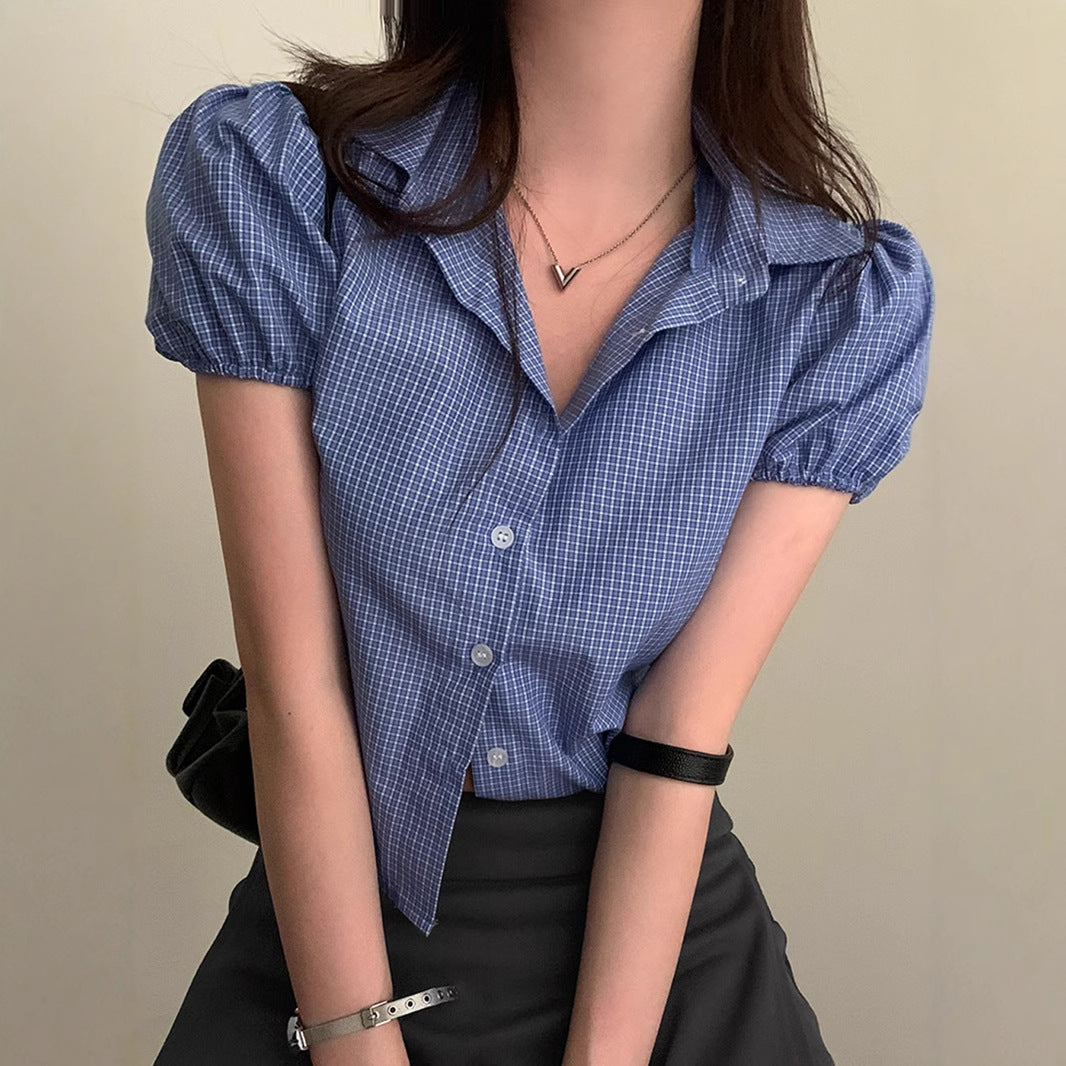 BM Style Plaid Shirt American College Style Small Simple Casual Lapel Short Sleeve