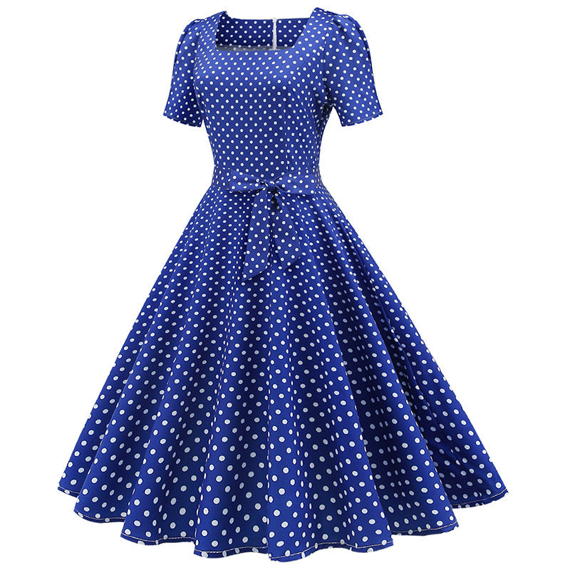 Square Collar Polka-dot Slim-fit Large Swing Dress