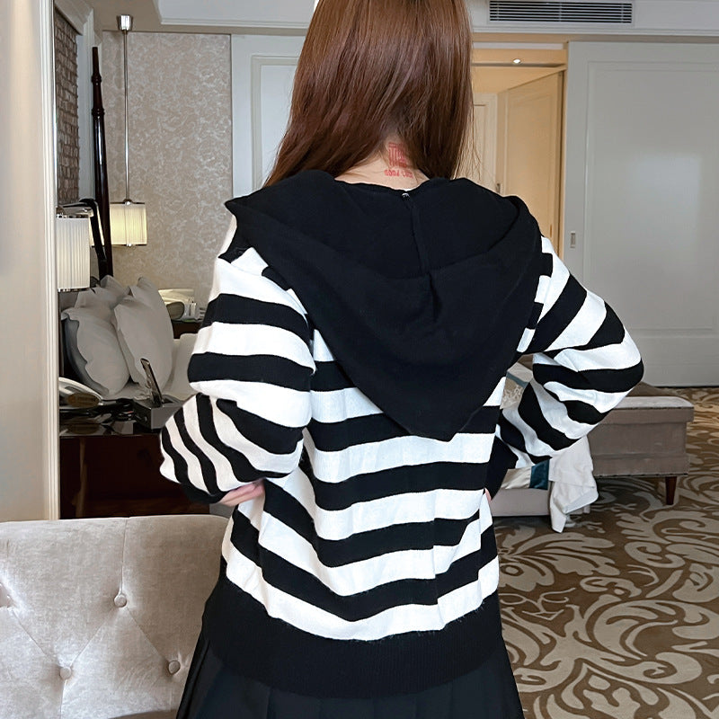 Striped Contrast Color Knitted Cardigan Women's Hooded Zipper Casual Coat