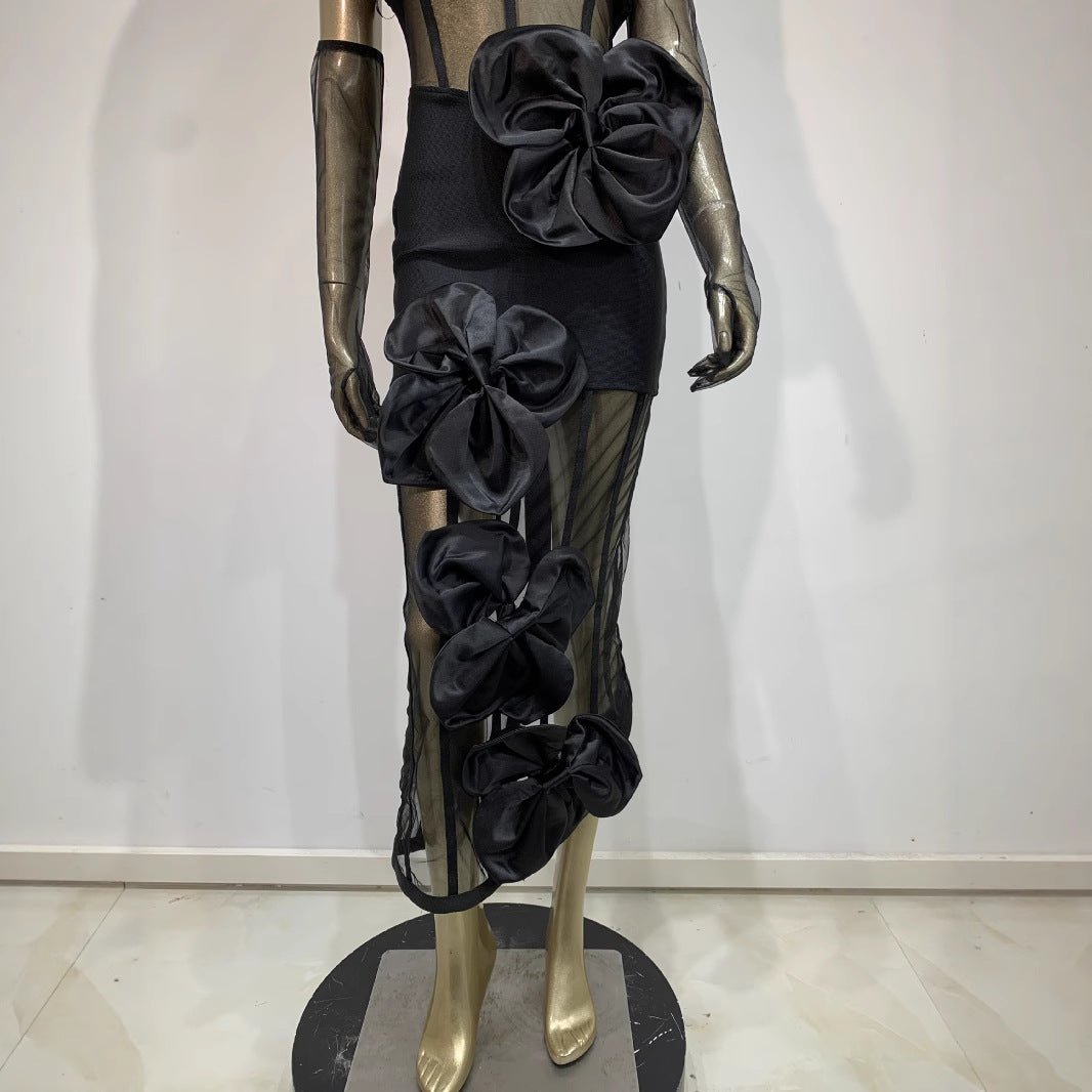 Bandage Skirt Gloves Black Banquet Party Formal Dress