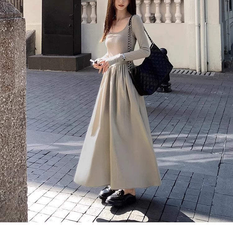 Square Collar Knitted Dress Women's Waist A- Line Long Skirt