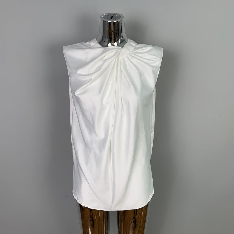 Twist Pleated Single-breasted Sexy All-matching Sleeveless Shirt