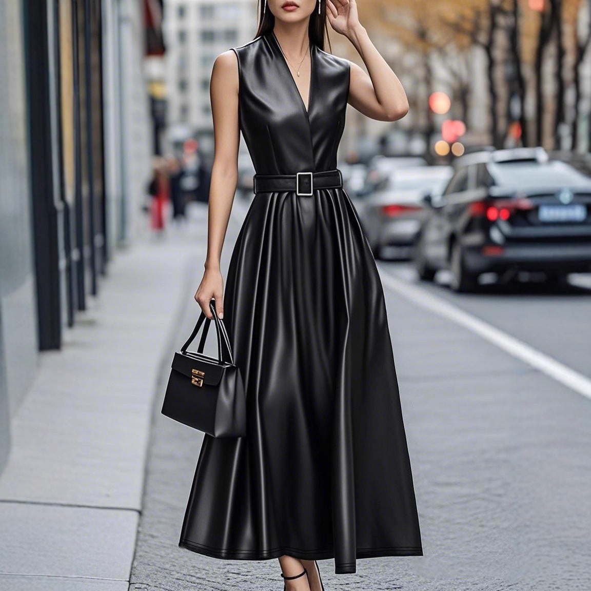 Fashionable Temperamental All-match Round Neck Sleeveless Belt Long Dress