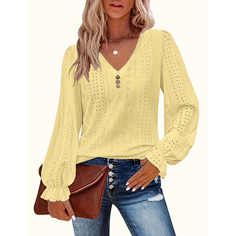 Plus Size Women's V-Neck Solid Top With Button Lantern Sleeves Hollow Out Detail Blouse For Spring&Fall