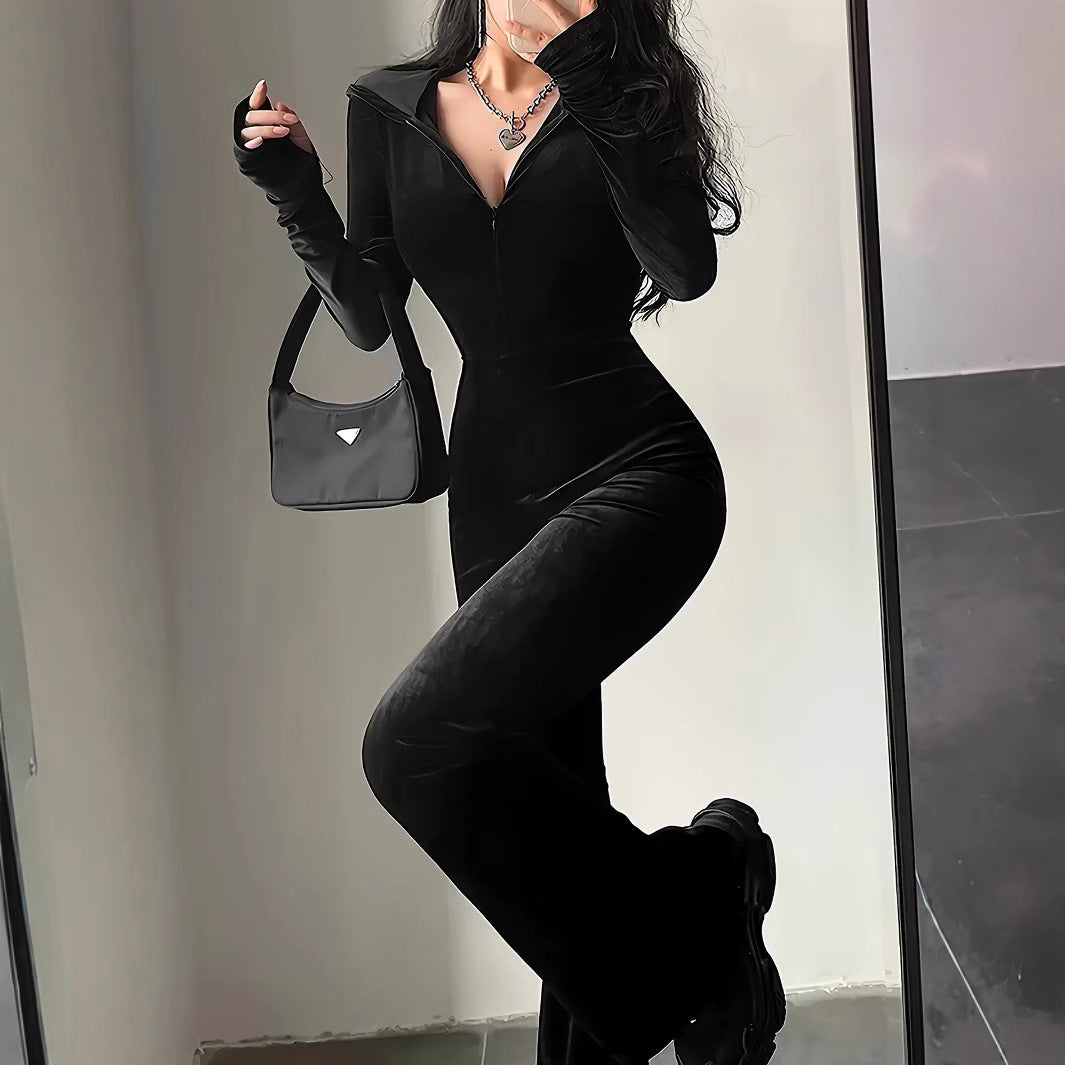 Velvet Slim Fit Hood Jumpsuit