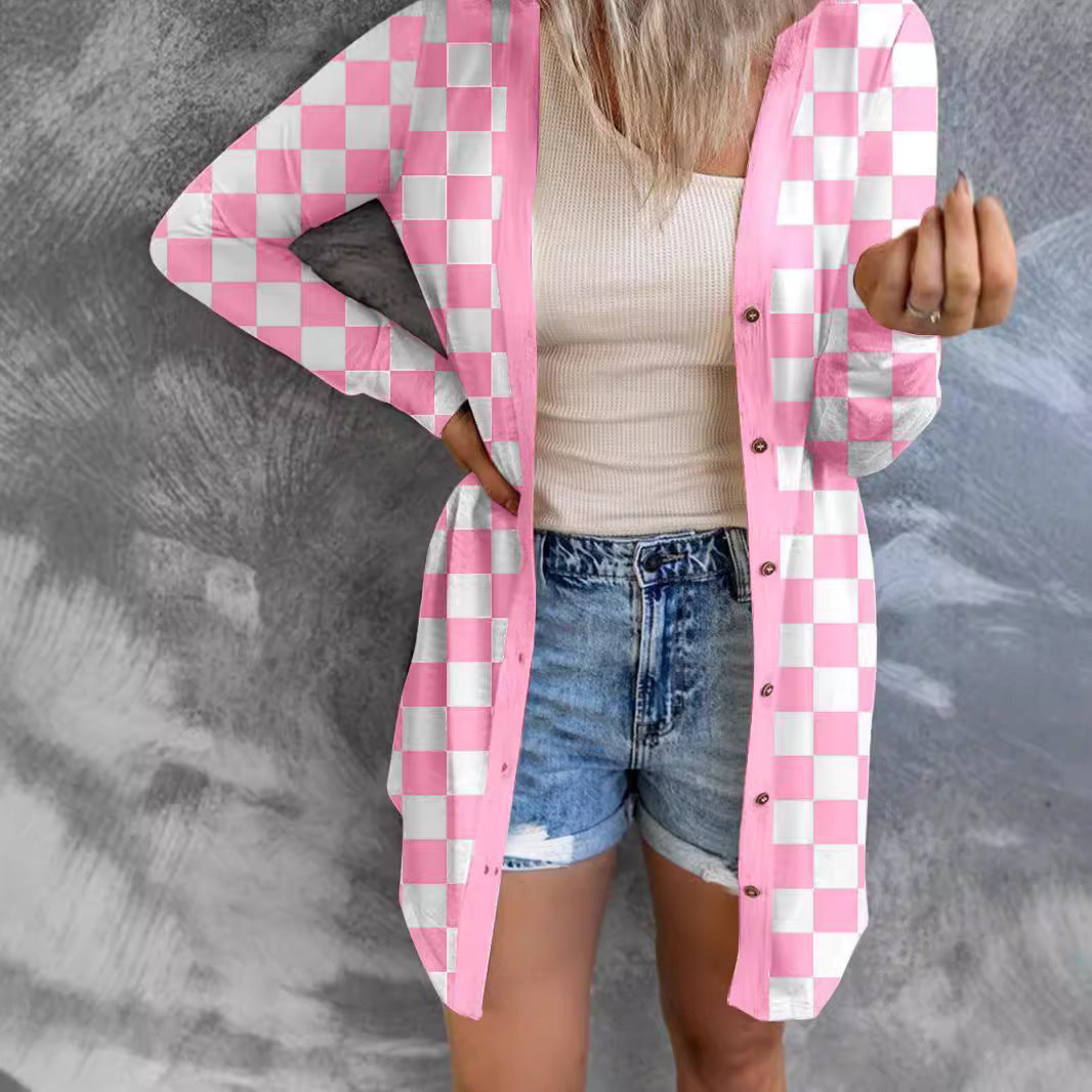 Women's Long Plaid Coat Loose Knitted Cardigan