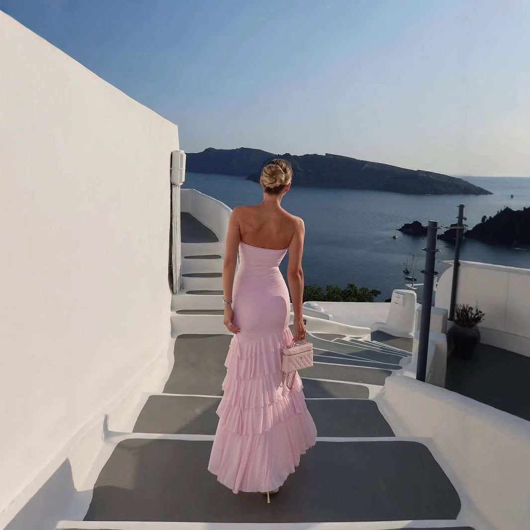 Chest-wrapped Pleated Slim Fit Patchwork Split Dress