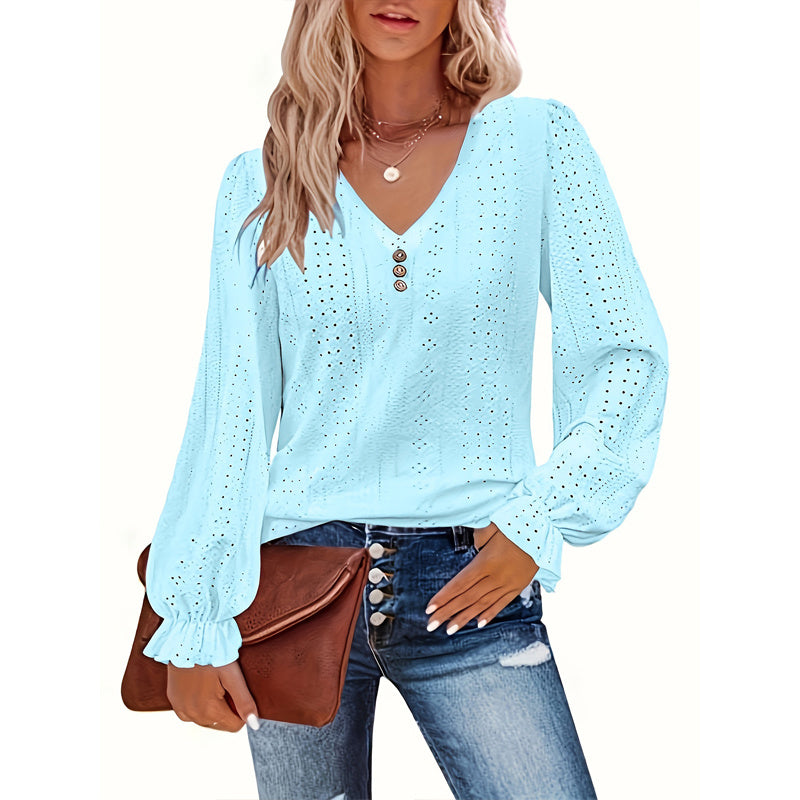 Plus Size Women's V-Neck Solid Top With Button Lantern Sleeves Hollow Out Detail Blouse For Spring&Fall