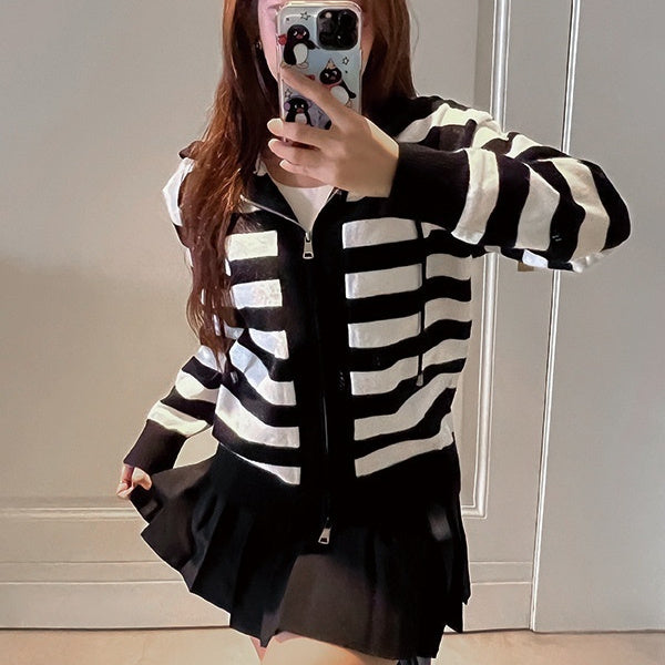 Striped Contrast Color Knitted Cardigan Women's Hooded Zipper Casual Coat
