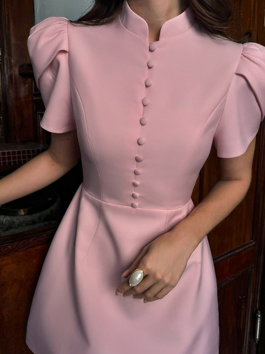 Stand Collar Puff Sleeve High Waist Dress Design Sense Graceful And Fashionable