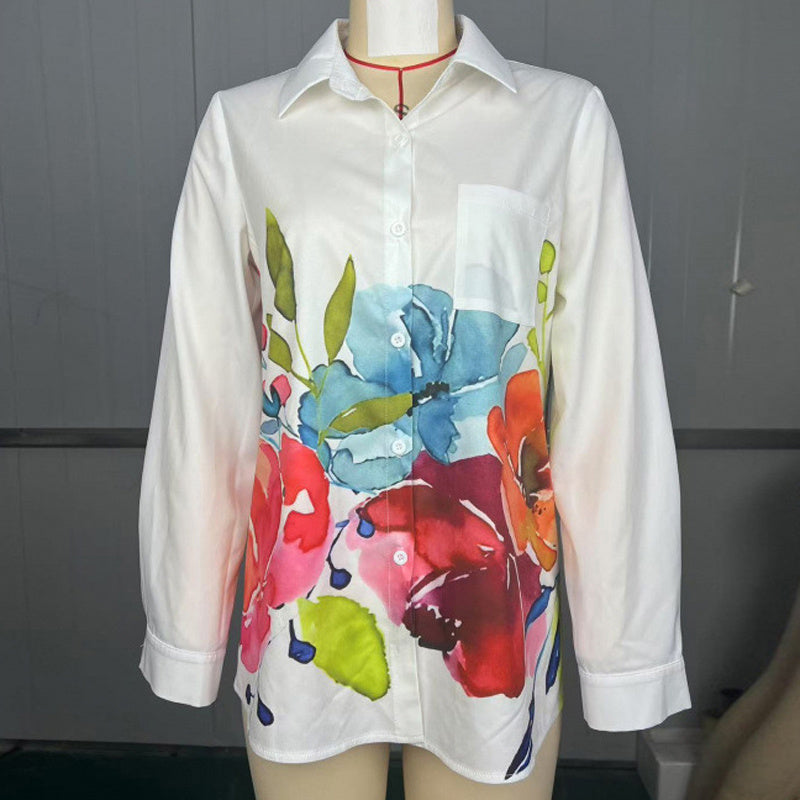 Women's Notch Lapel Long Sleeve Blouse With Colorful Floral Print - Chest Pocket Button-Up Shirt For Spring&Fall