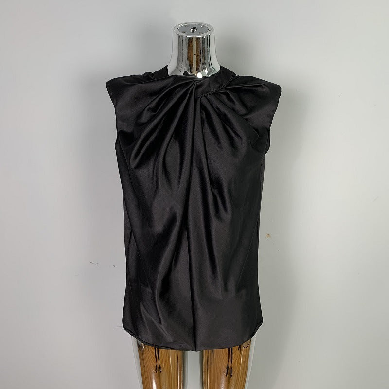 Twist Pleated Single-breasted Sexy All-matching Sleeveless Shirt