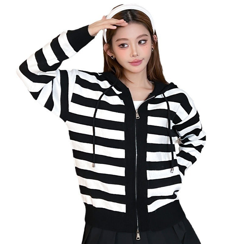 Striped Contrast Color Knitted Cardigan Women's Hooded Zipper Casual Coat