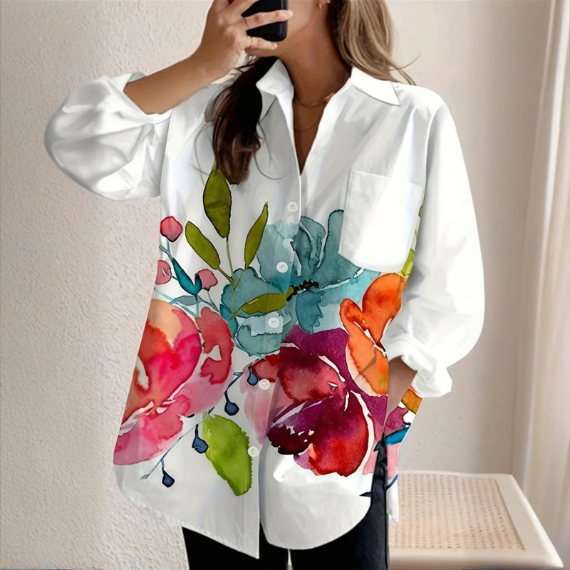 Women's Notch Lapel Long Sleeve Blouse With Colorful Floral Print - Chest Pocket Button-Up Shirt For Spring&Fall