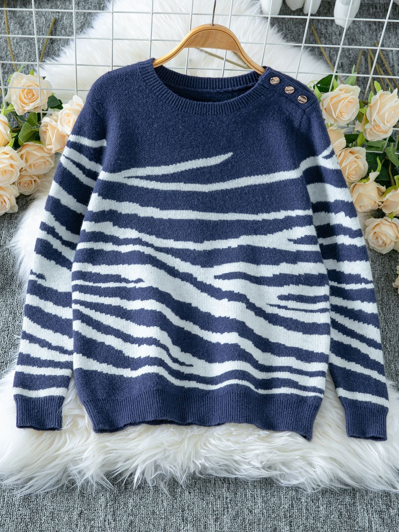 Zebra Print Round Neck Shoulder Button Long Sleeve Sweater
