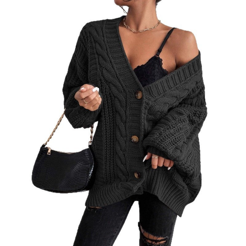 Loose Twist Lantern Sleeve Cardigan Knitted Coat