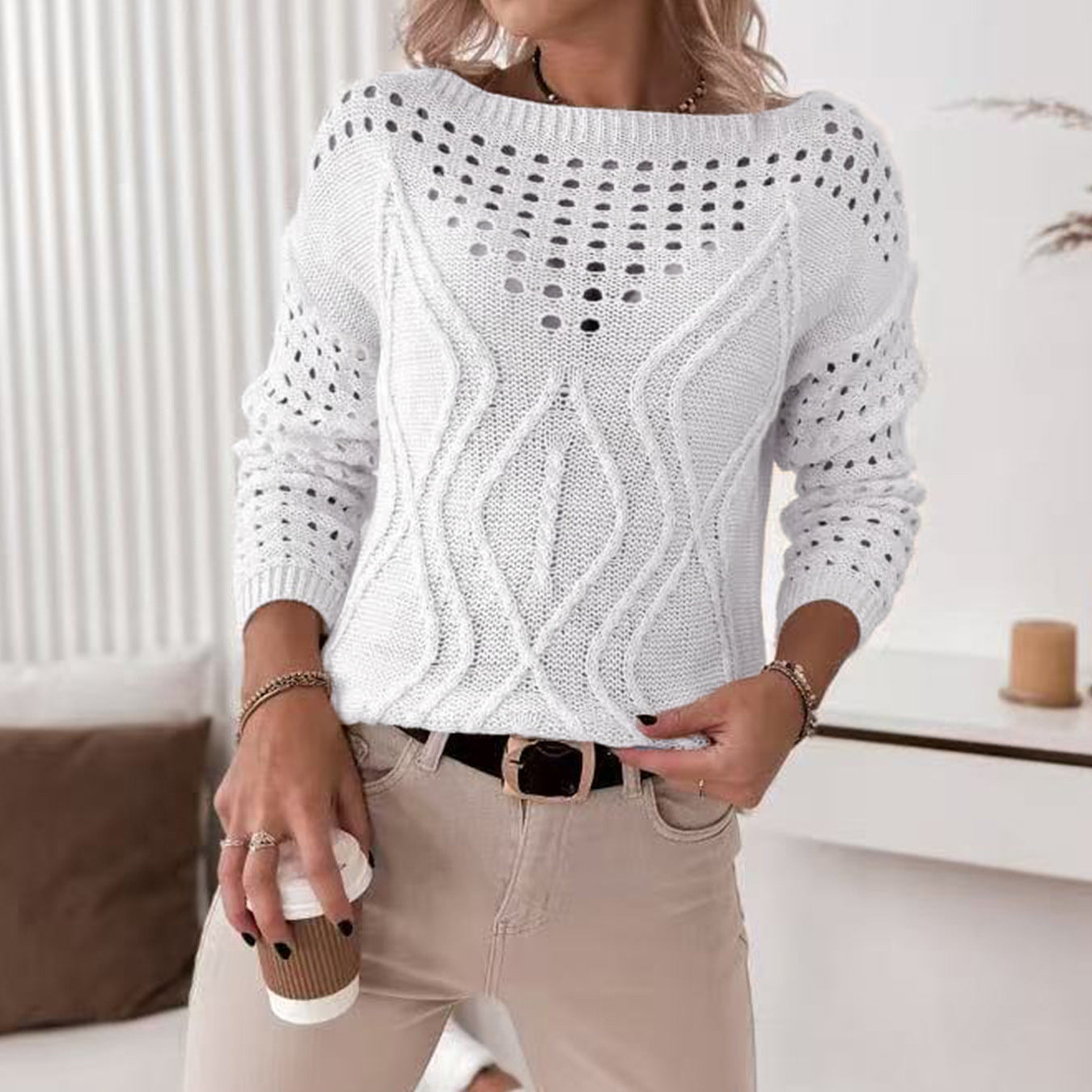 Off-neck Pullover Long Sleeve Hollow Out Sweater Women