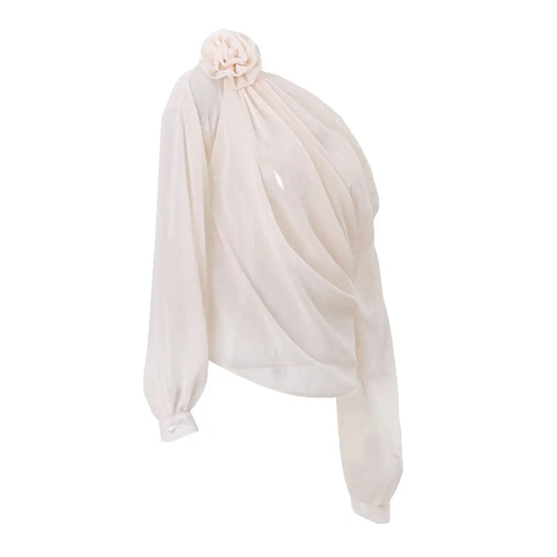 Women's Off Shoulder Tops Elegant Long Sleeve Asymmetrical Neck Ruched Chiffon Blouse Shirts Going Out Top Y2k Shirts