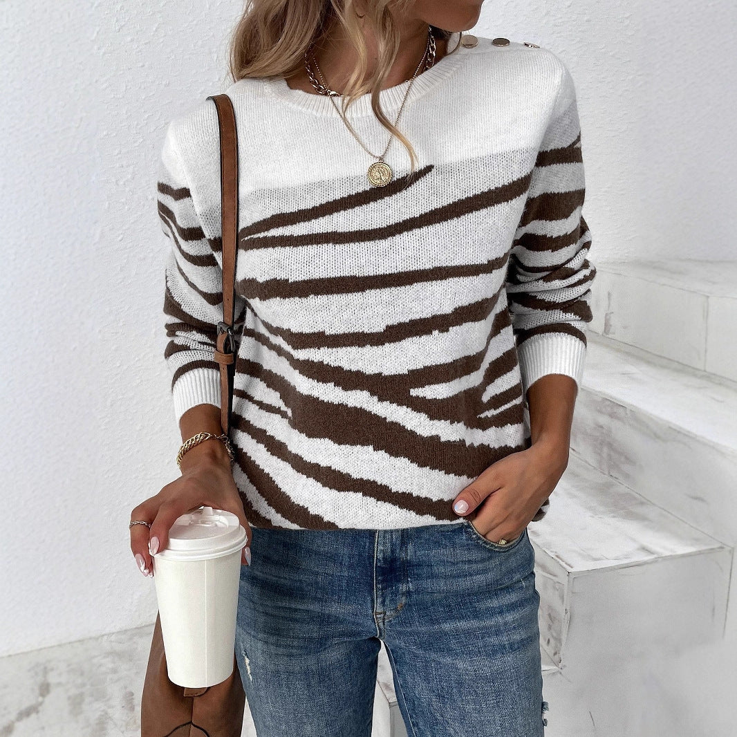 Zebra Print Round Neck Shoulder Button Long Sleeve Sweater
