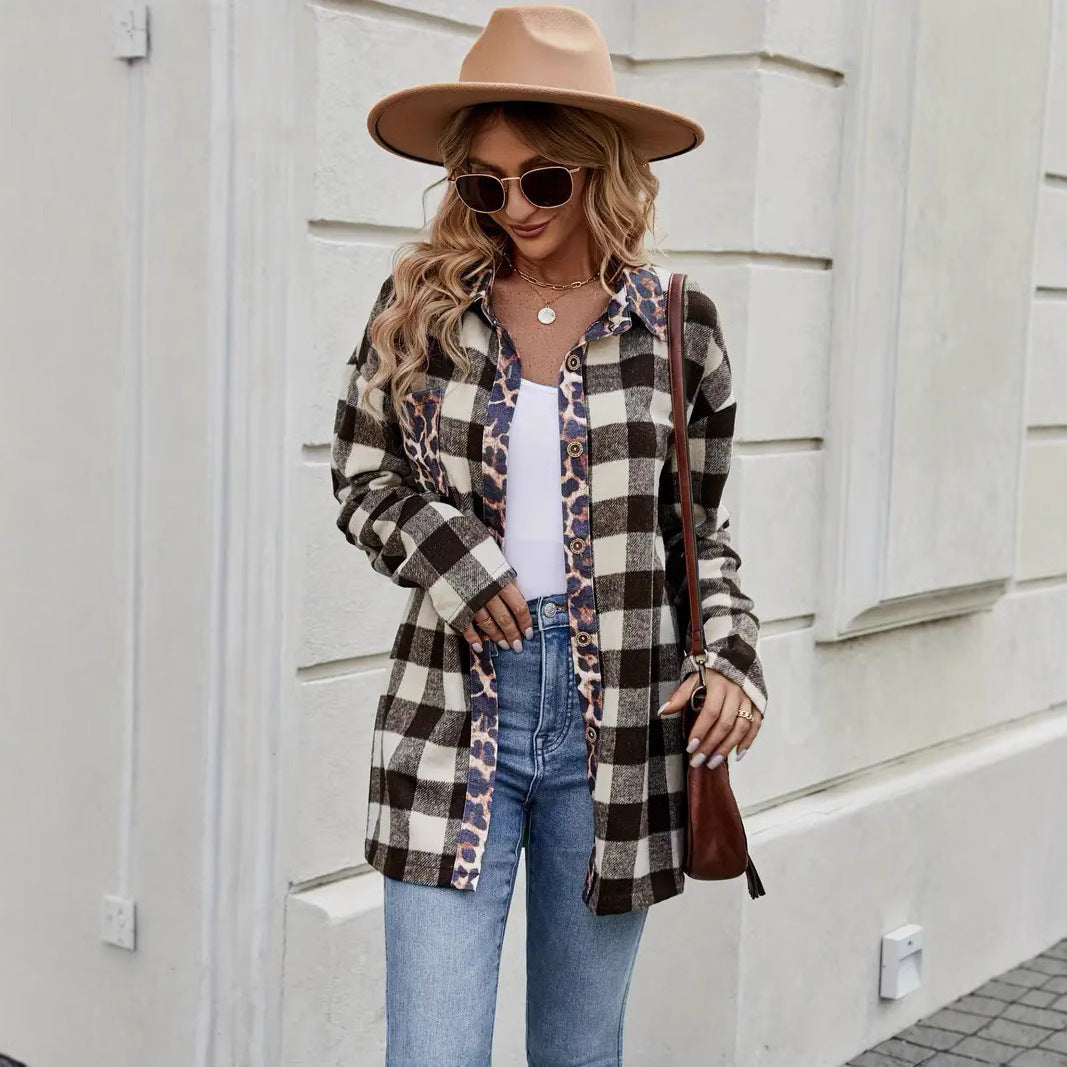 Autumn Houndstooth Leopard Print Contrast Color Plaid Long Sleeve Shirt Women's Clothing