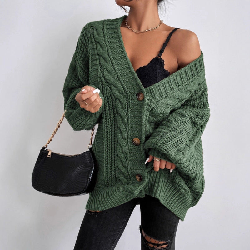 Loose Twist Lantern Sleeve Cardigan Knitted Coat