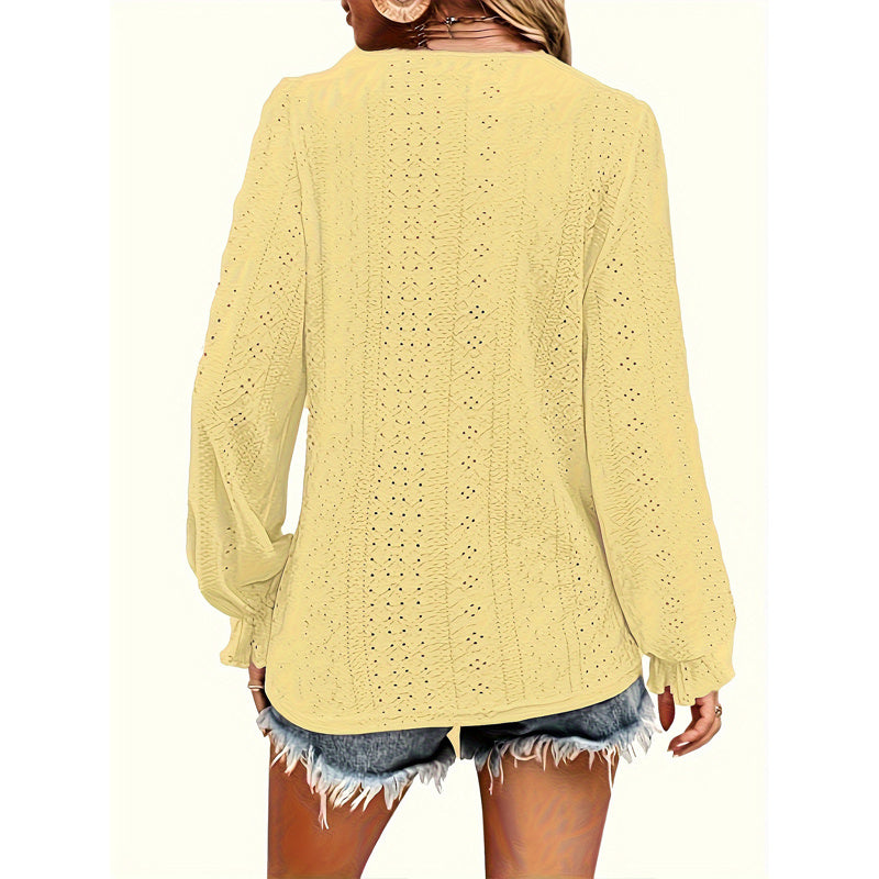 Plus Size Women's V-Neck Solid Top With Button Lantern Sleeves Hollow Out Detail Blouse For Spring&Fall