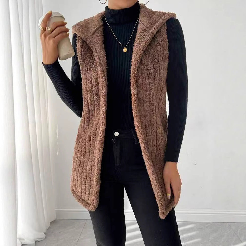 Women's Casual Solid Color Double-sided Plush Buckle-free Hooded Vest