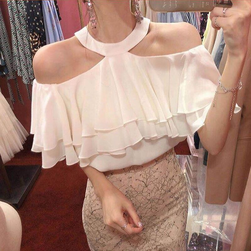 Summer New Elegant Halter Off-shoulder Ruffled Off-the-shoulder Top