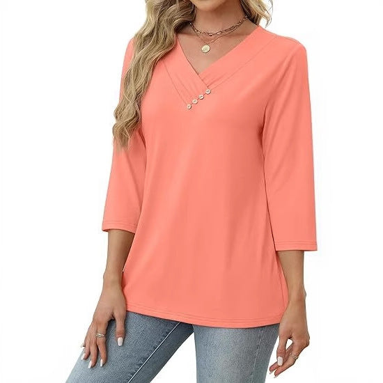European And American New Autumn Women's Clothing Button V-neck Fashion Casual Sleeve T-shirt