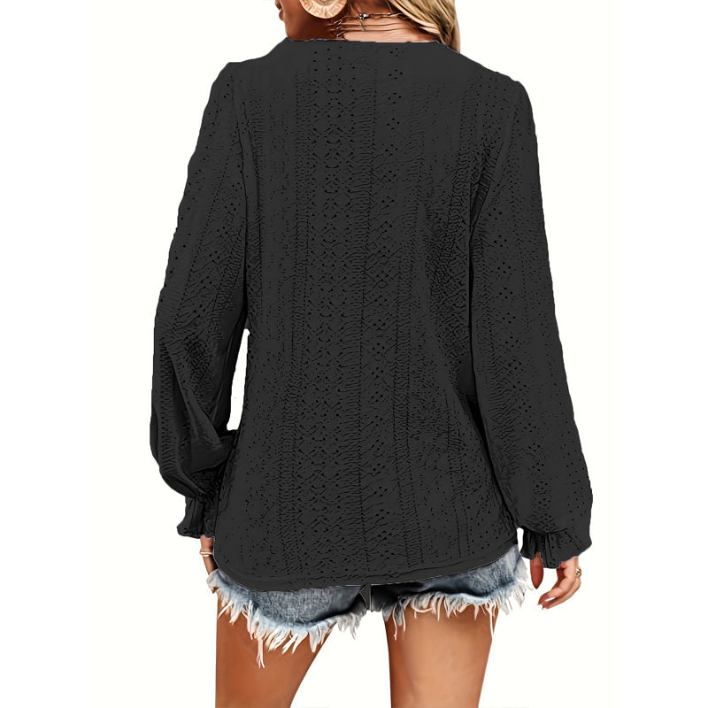 Plus Size Women's V-Neck Solid Top With Button Lantern Sleeves Hollow Out Detail Blouse For Spring&Fall