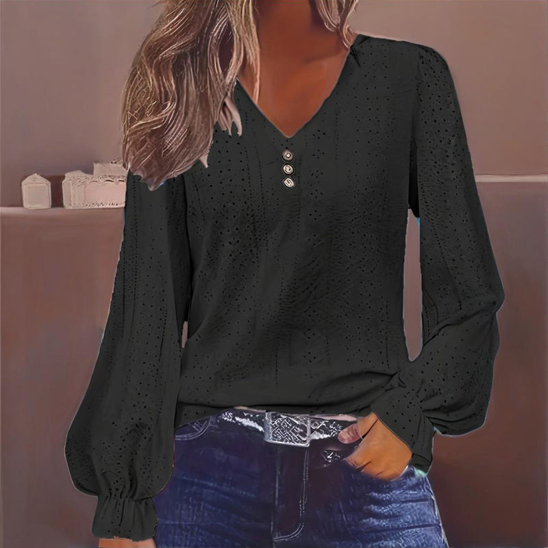Plus Size Women's V-Neck Solid Top With Button Lantern Sleeves Hollow Out Detail Blouse For Spring&Fall