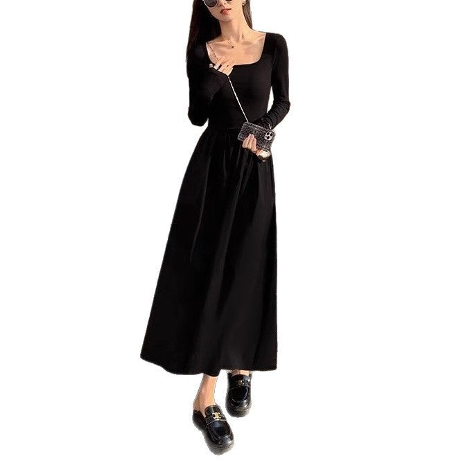 Square Collar Knitted Dress Women's Waist A- Line Long Skirt