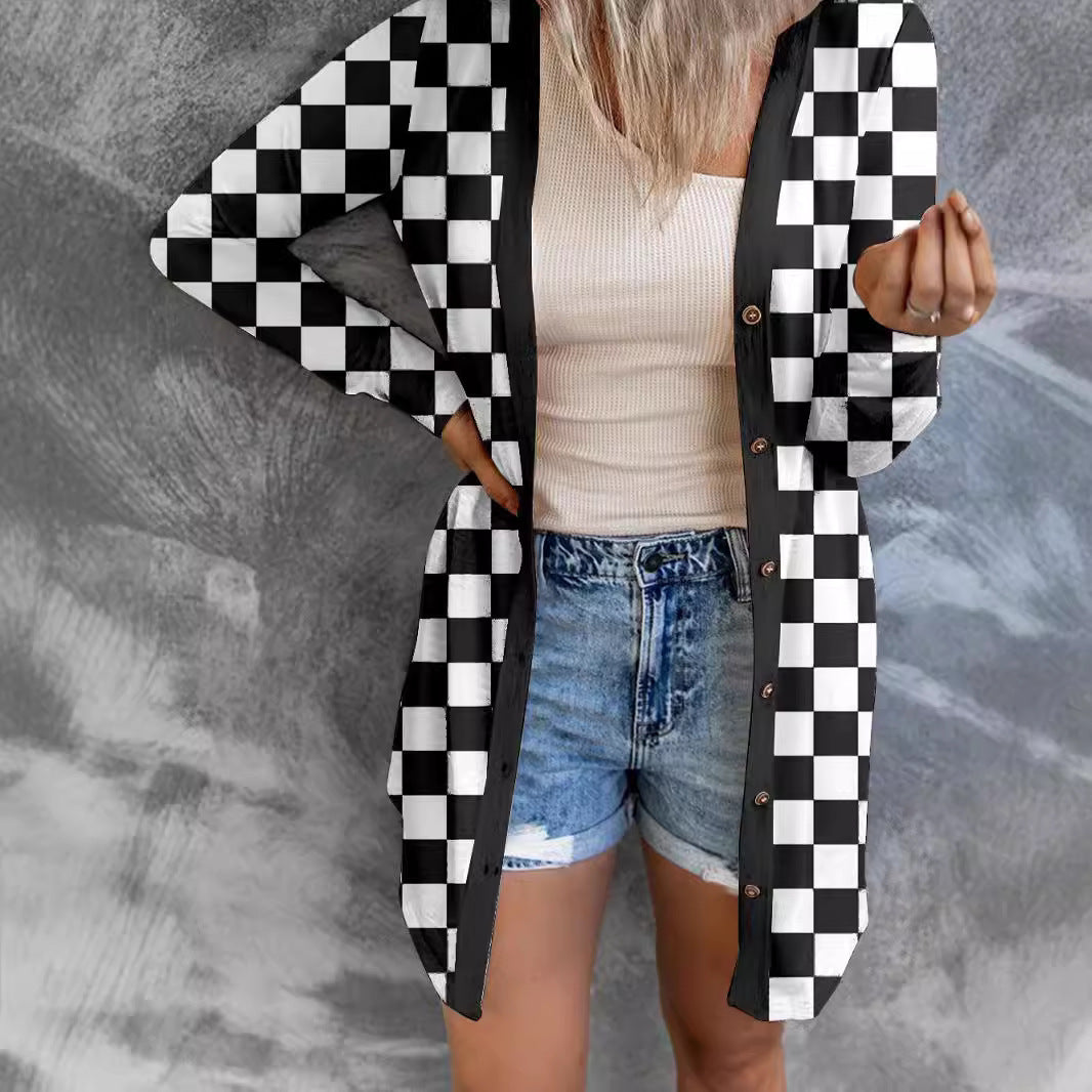 Women's Long Plaid Coat Loose Knitted Cardigan