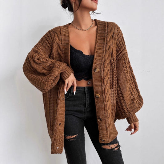 Loose Twist Lantern Sleeve Cardigan Knitted Coat