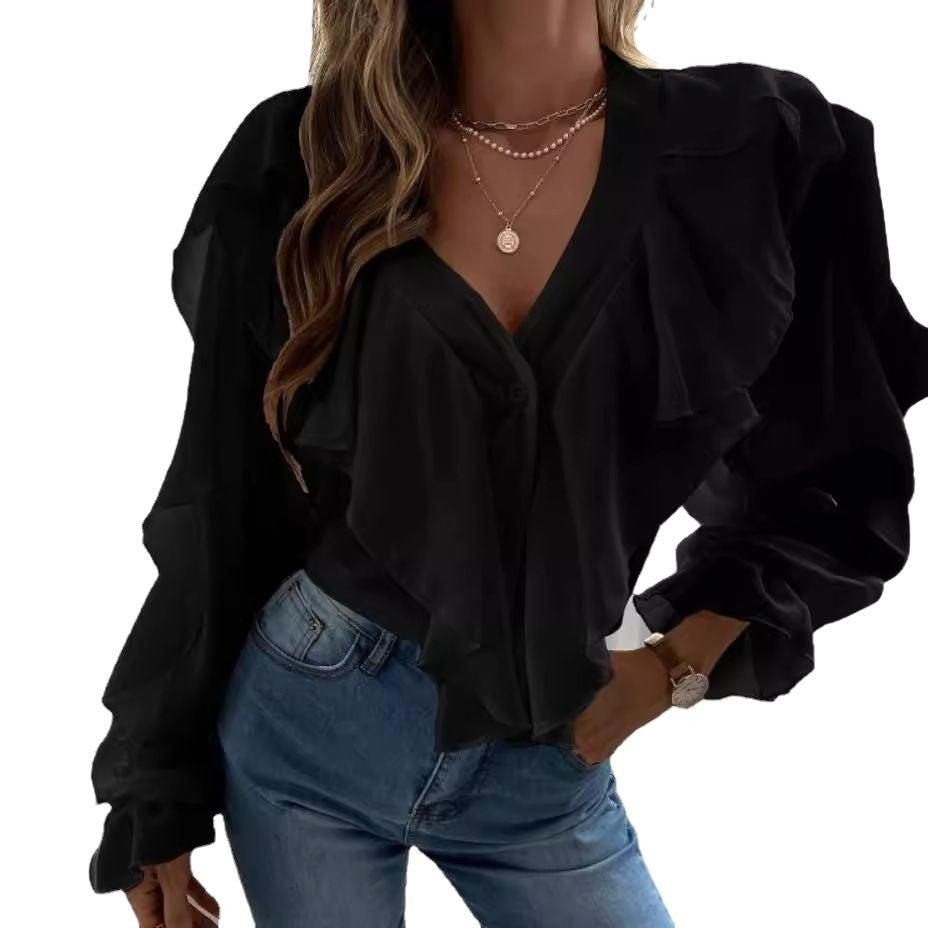 Women's SpringSummer V-neck Flounce Top
