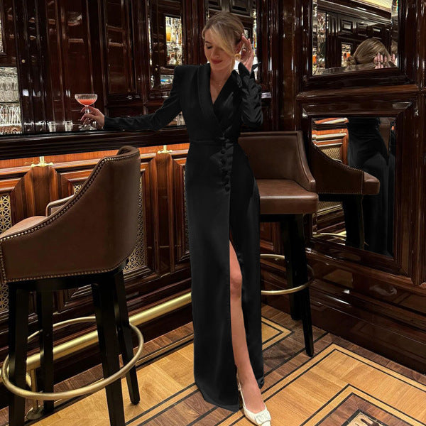 V-neck Long Sleeve High Waist Slit French Dress