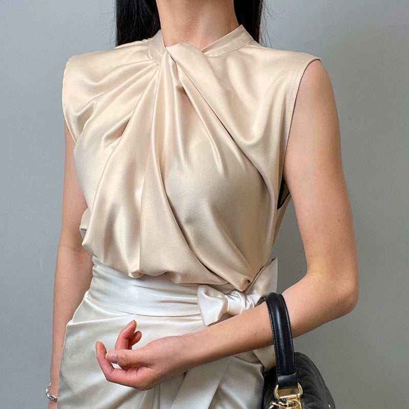 Twist Pleated Single-breasted Sexy All-matching Sleeveless Shirt