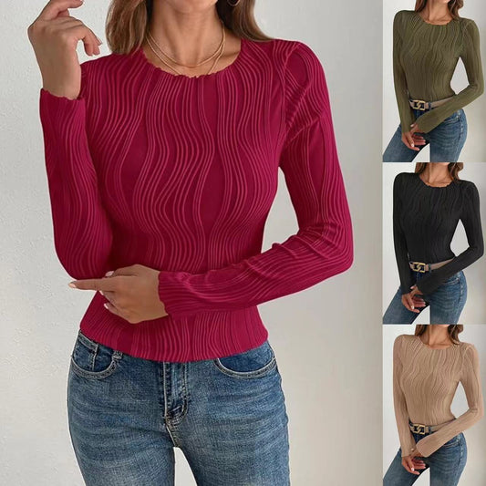 Casual Texture Round Neck Long Sleeve Slim Women's T-shirt