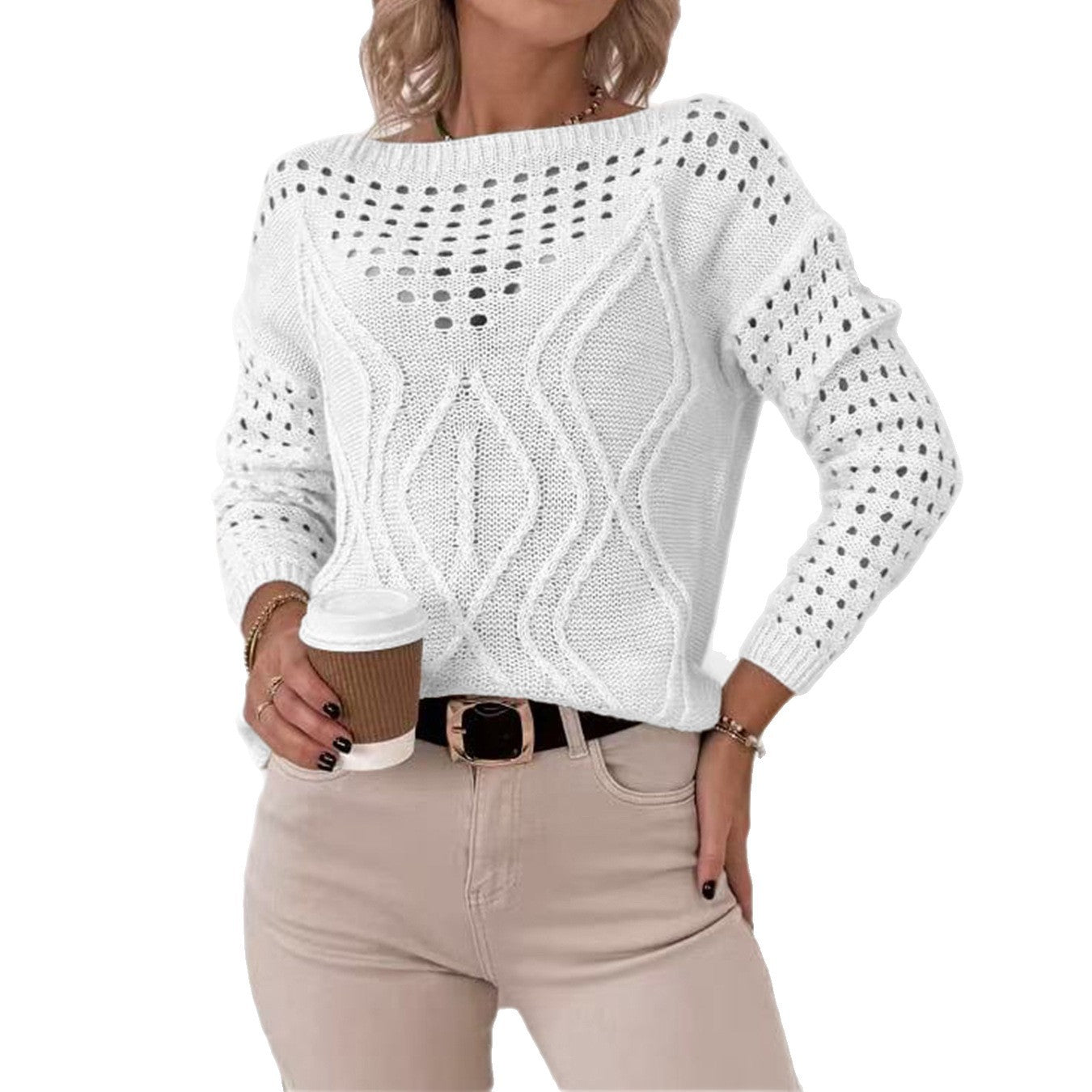 Off-neck Pullover Long Sleeve Hollow Out Sweater Women