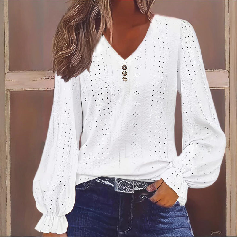 Plus Size Women's V-Neck Solid Top With Button Lantern Sleeves Hollow Out Detail Blouse For Spring&Fall