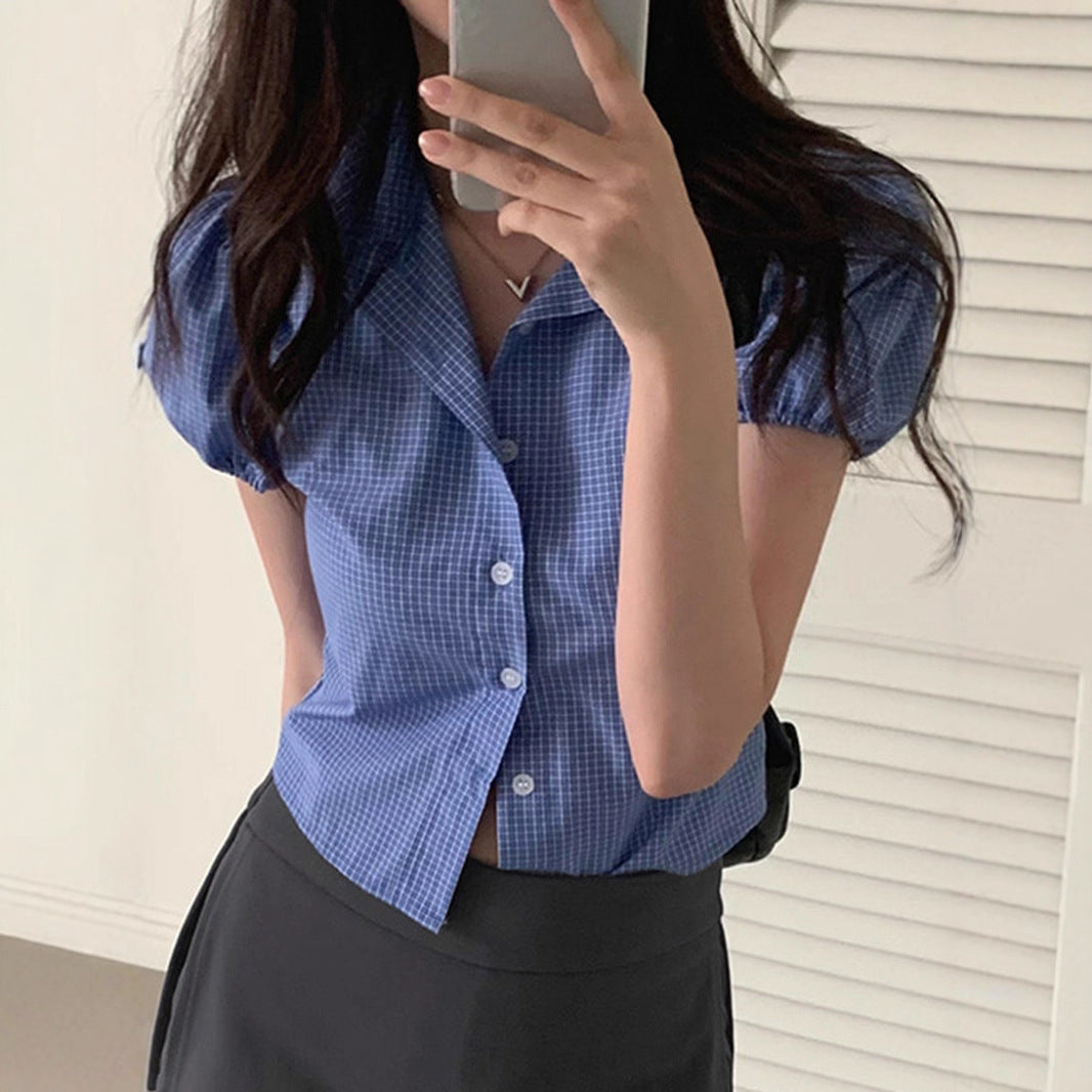 BM Style Plaid Shirt American College Style Small Simple Casual Lapel Short Sleeve