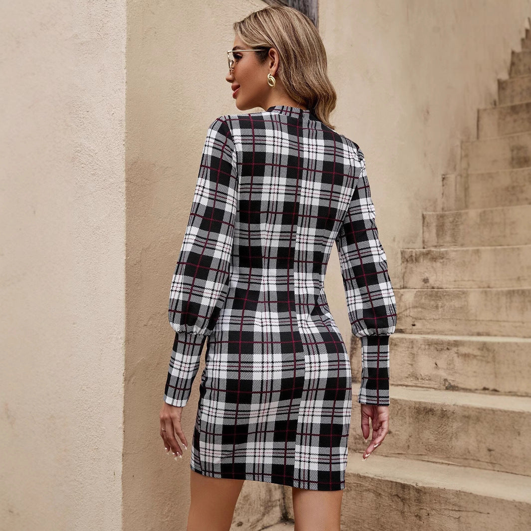 Fashion Lantern Sleeve Printed Tight Dress