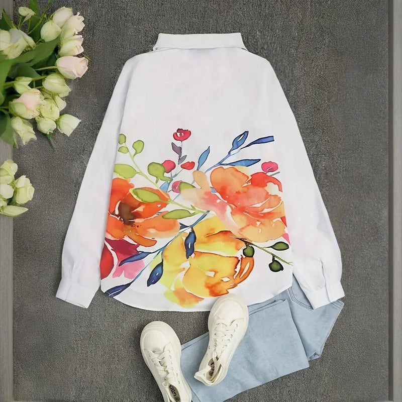 Women's Notch Lapel Long Sleeve Blouse With Colorful Floral Print - Chest Pocket Button-Up Shirt For Spring&Fall