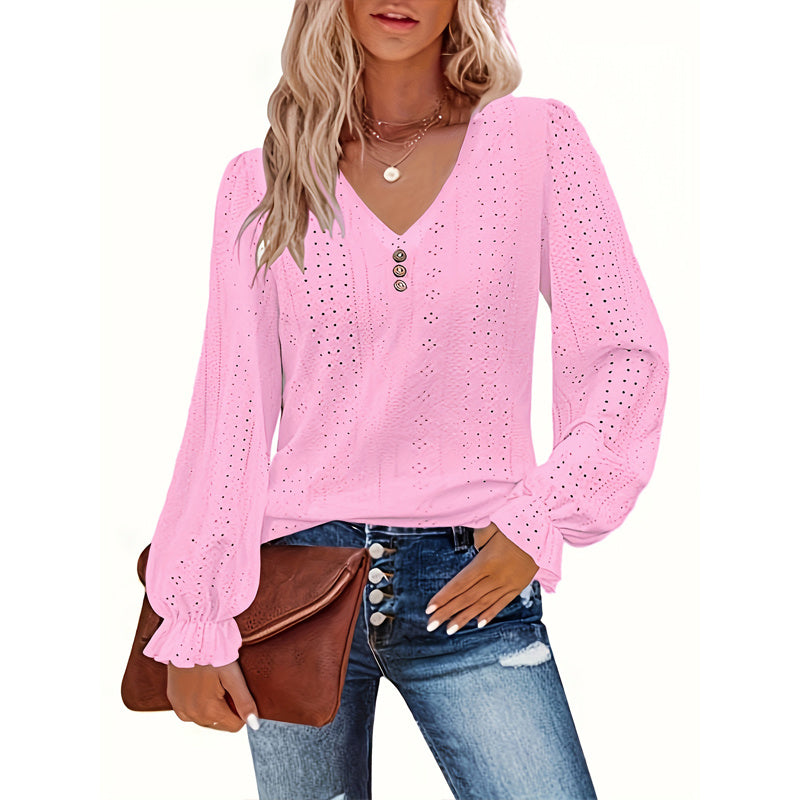Plus Size Women's V-Neck Solid Top With Button Lantern Sleeves Hollow Out Detail Blouse For Spring&Fall