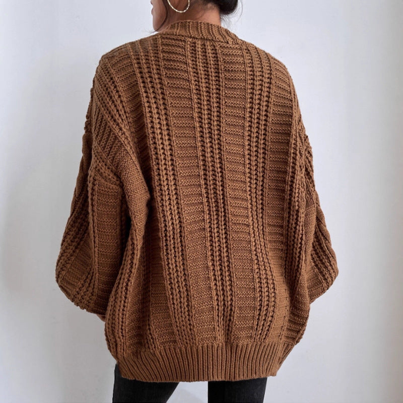 Loose Twist Lantern Sleeve Cardigan Knitted Coat